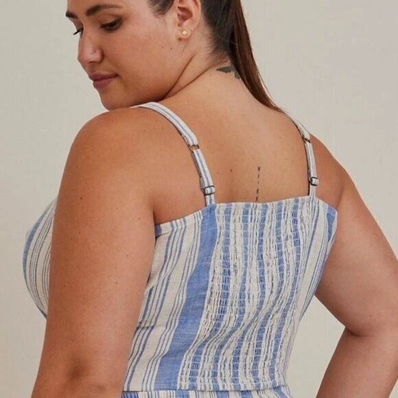 NEW NWT TORRID 3 Plus Size Linen Blend Button Crop Tank Top Beige Blue Stripe 3X - Picture 3 of 10